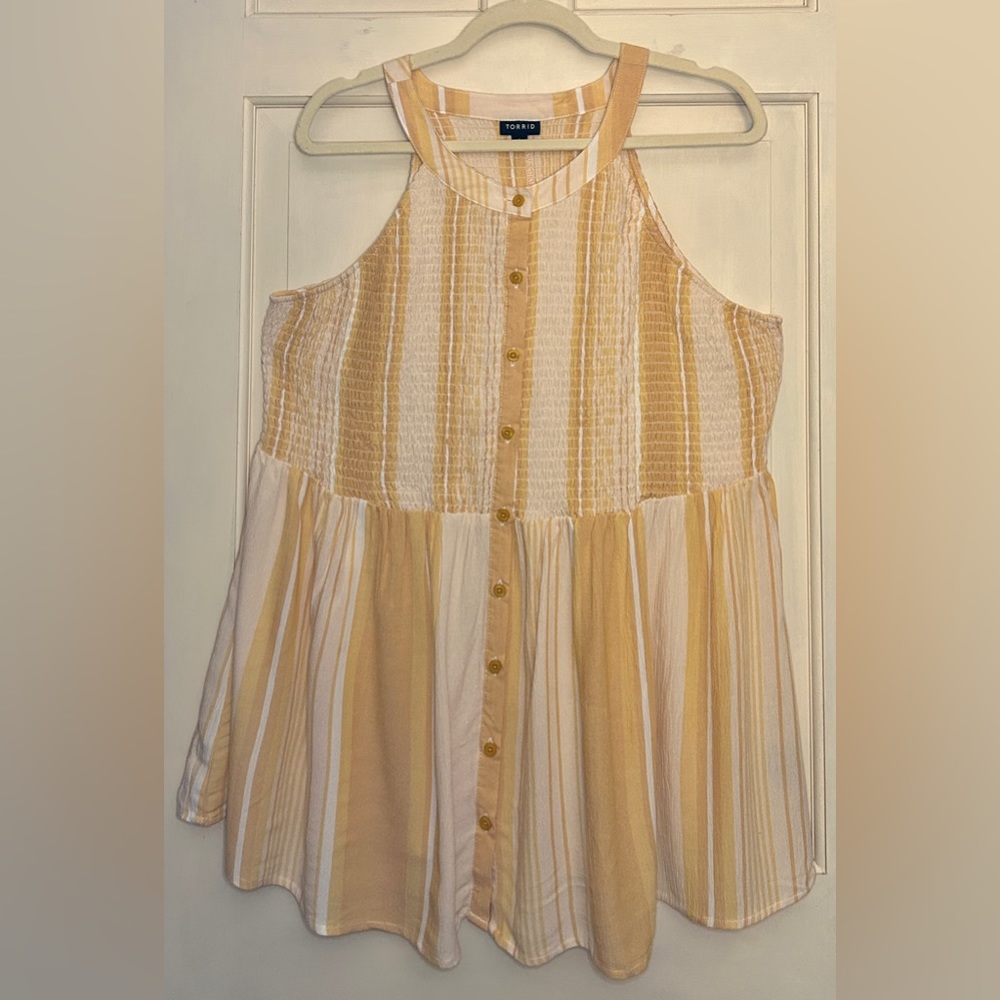 Yellow Stripe Button Smocked Babydoll Tank